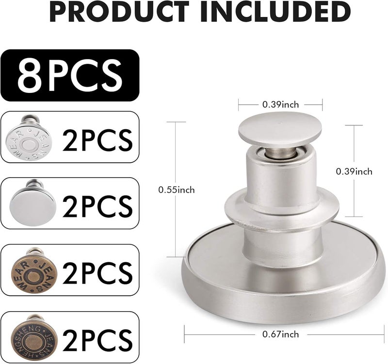 Ceryvop 8 Sets Jean Button Pins for Loose Jeans, No Sew Instant Replacement Snap Tack Pant Button, Reusable and Adjustable Metal Pants Tightener - Image 2